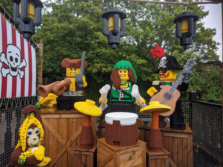 Lego characters at Legoland, Windsor with kids