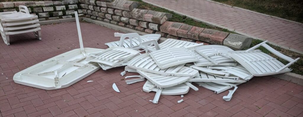 Broken loungers from Italy storm, Venice with kids