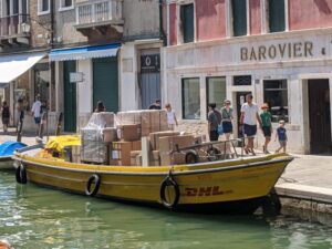 DHL parcel boat, Venice with kids
