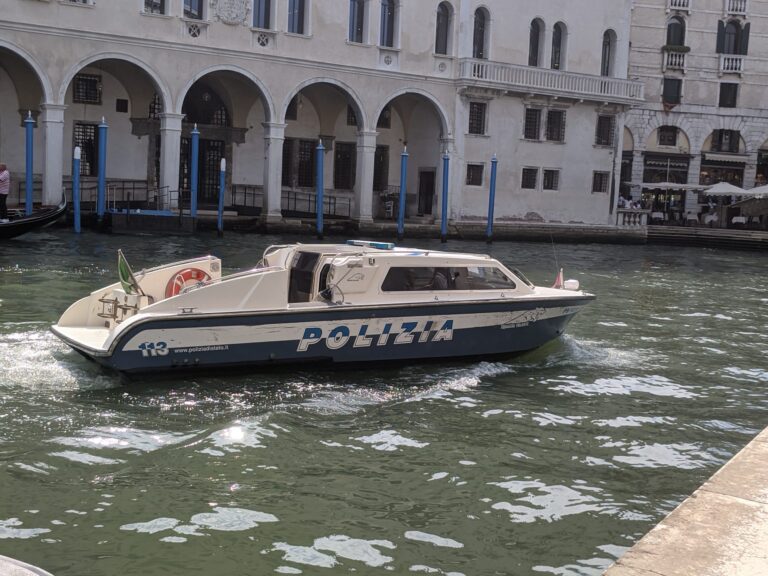 Water police boat, Venice with kids