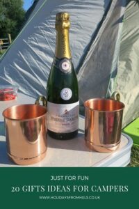 Champagne and goblets, gift ideas for campers, travel tales