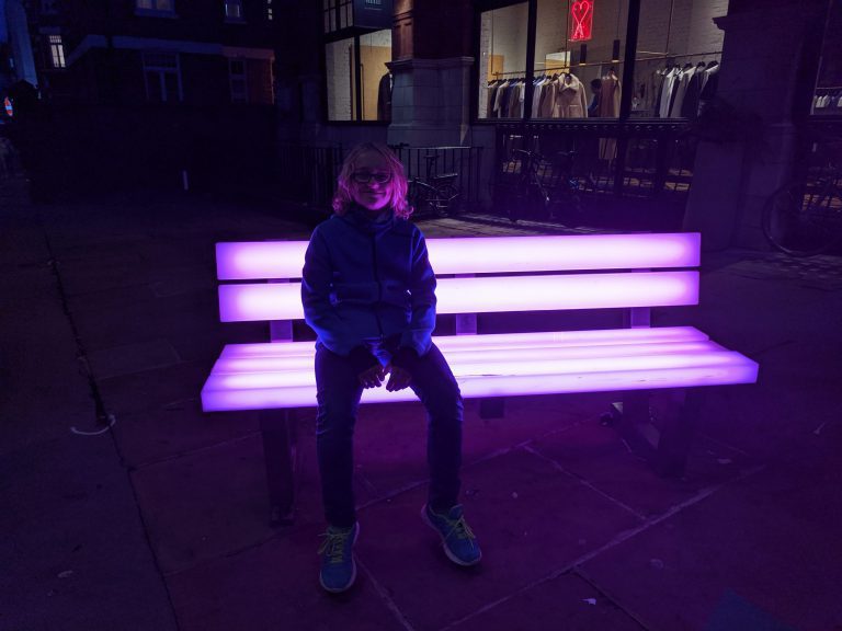 Illuminated bench, Oxford street , London itinerary with kids