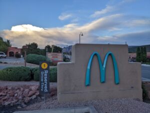 Blue MacDonald's arches, Sedona, USA road trip with teens